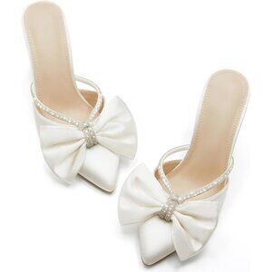 Beige Satin Bow Heels Womens Pointed Rhinestone Closed Toe Sandals Wedding Shoes